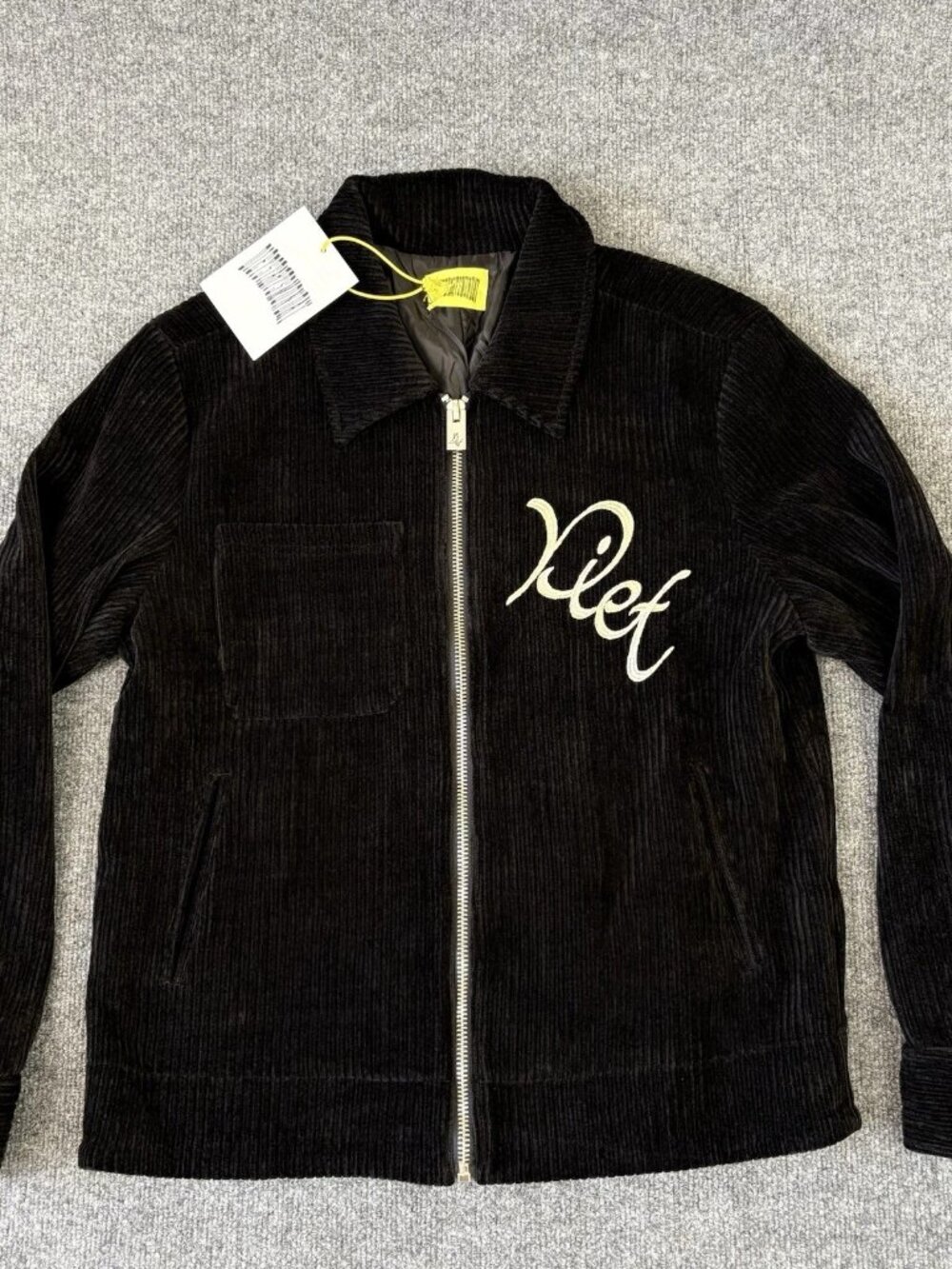Diet Starts Monday, Corduroy Zippered Trucker Jacket Large Black White